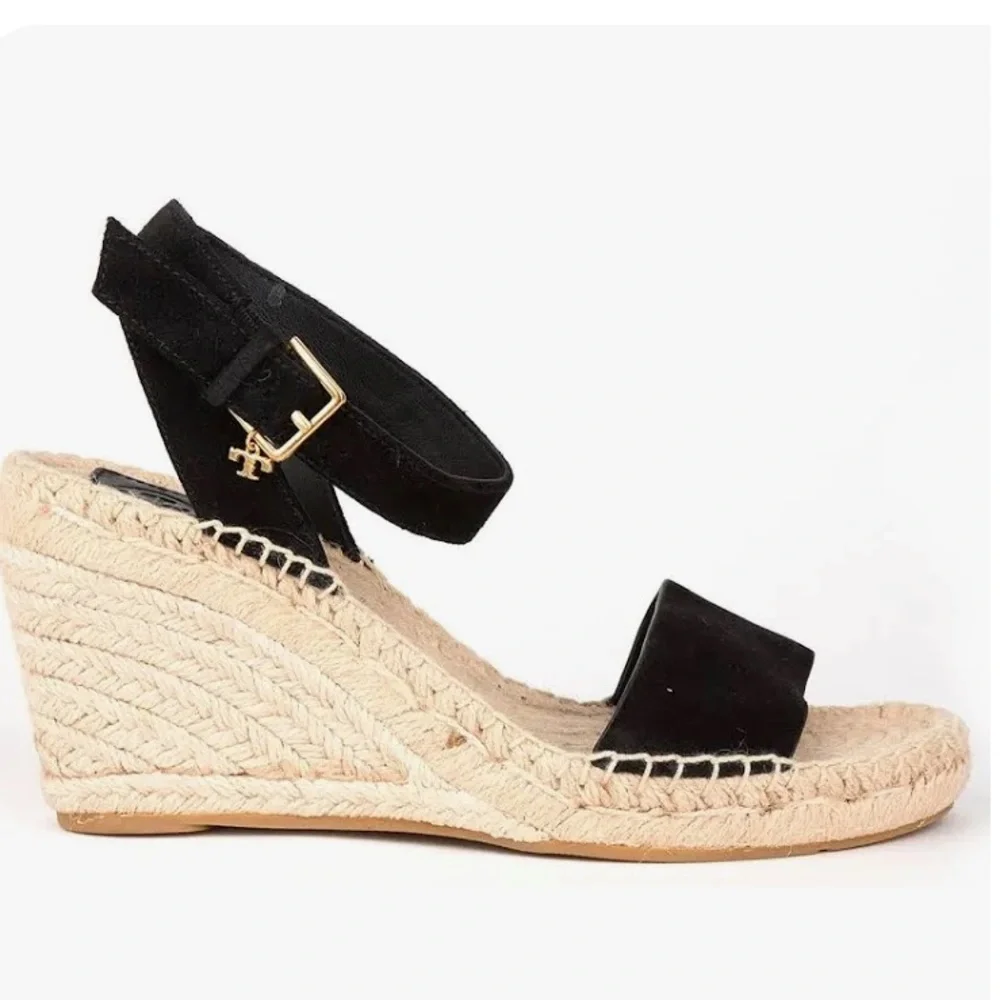 Tory‎ Burch Laurel Black Suede Espadrille Wedge Sandal